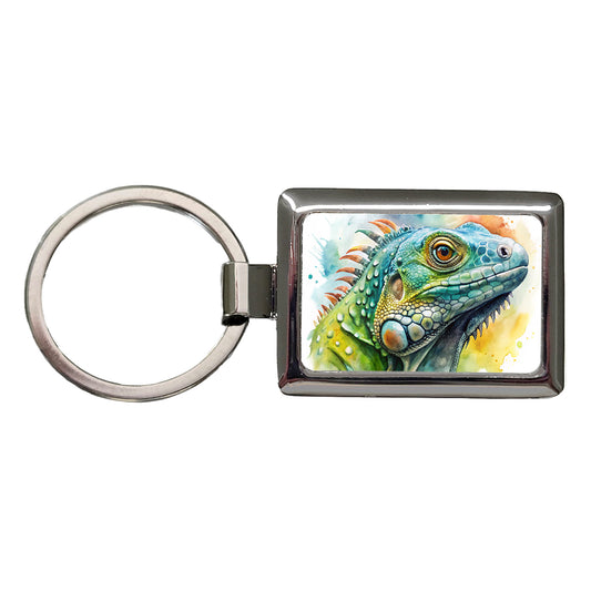 Iguana Lizard Face Profile Reptile Watercolor Rectangle Metal Keychain