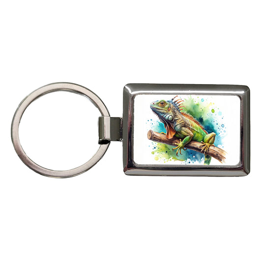 Iguana Lizard On Branch Reptile Watercolor Rectangle Metal Keychain