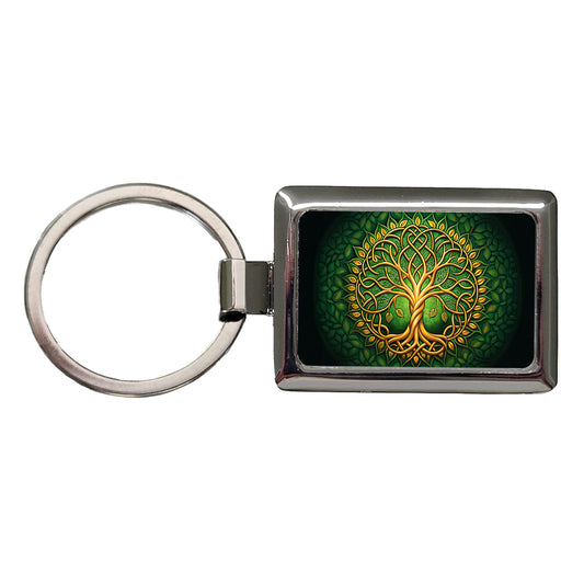 Irish Celtic Knot Tree Of Life Green And Golden Rectangle Metal Keychain