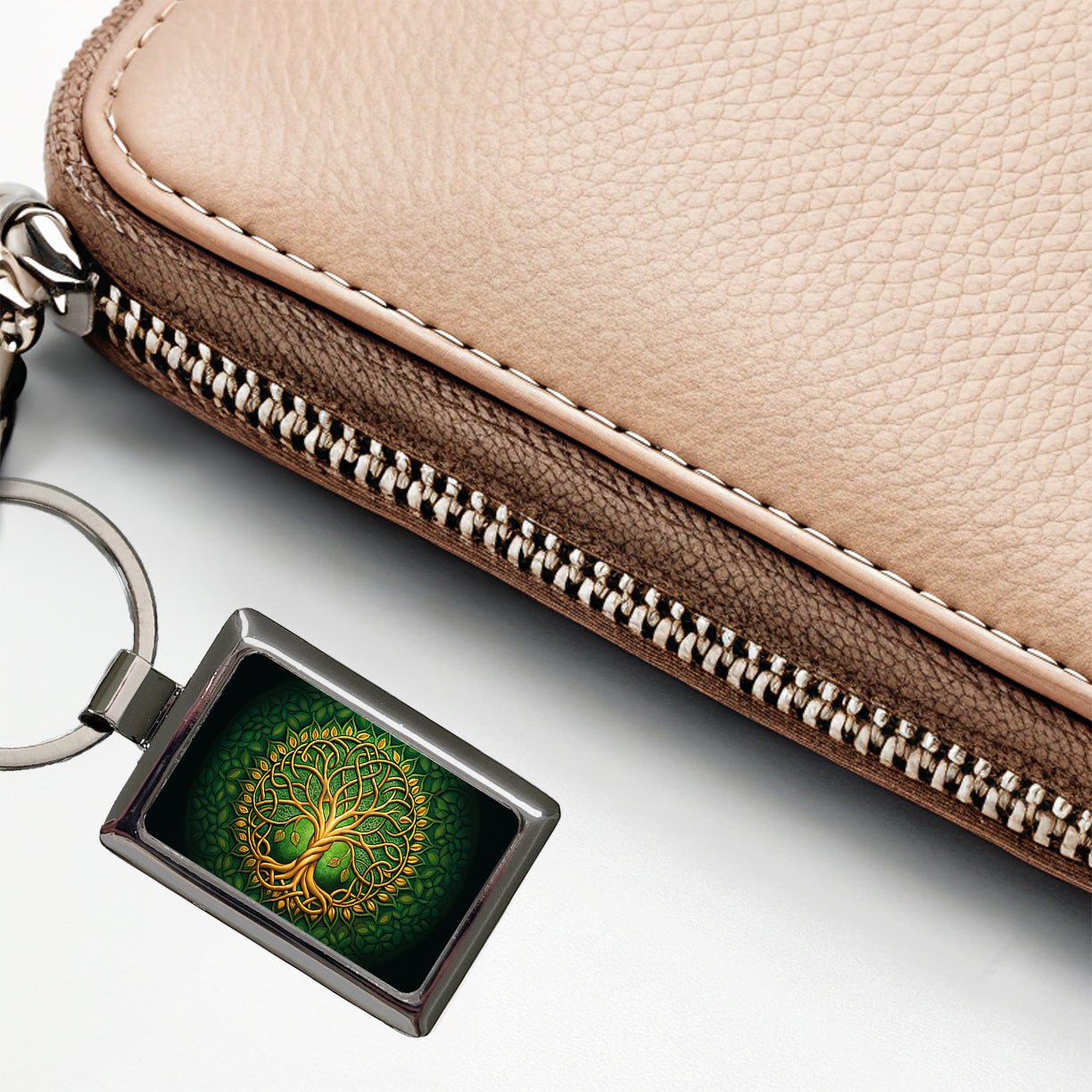 Irish Celtic Knot Tree Of Life Green And Golden Rectangle Metal Keychain
