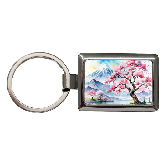 Japanese Cherry Blossom Tree Scene Watercolor Rectangle Metal Keychain