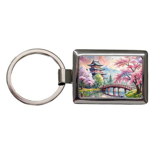 Japanese Scene With Bridge And Cherry Blossom Trees Watercolor Rectangle Metal Keychain