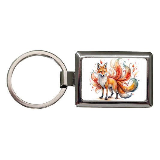 Kitsune Fox With Many Tails Asian Japanese Spirit Folklore Watercolor Rectangle Metal Keychain