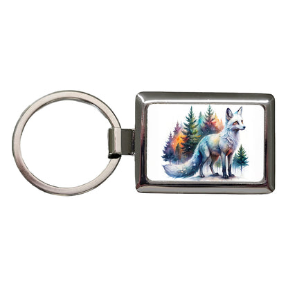 Kitsune White Fox Asian Japanese In Forest Watercolor Rectangle Metal Keychain