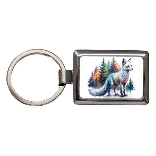 Kitsune White Fox Asian Japanese In Forest Watercolor Rectangle Metal Keychain