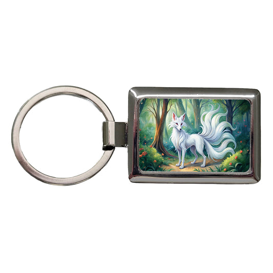 Kitsune White Fox With Many Tails Japanese Spirit Animal Watercolor Rectangle Metal Keychain