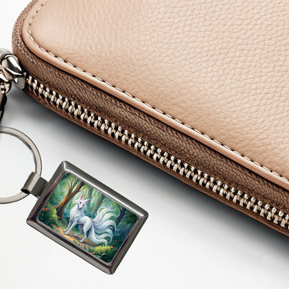 Kitsune White Fox With Many Tails Japanese Spirit Animal Watercolor Rectangle Metal Keychain