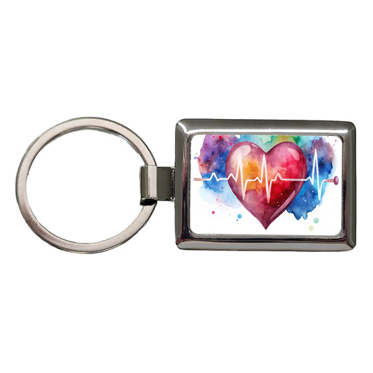 Life Pulse Heart Beat Doctor Nurse RN EMT Watercolor Rectangle Metal Keychain
