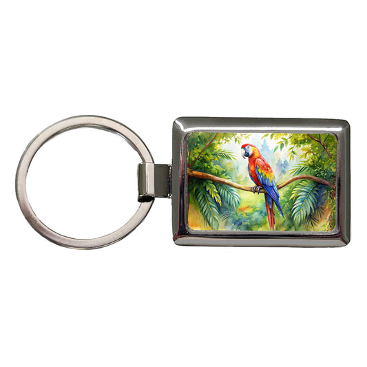 Macaw Parrot In Tree Bird Watercolor Rectangle Metal Keychain