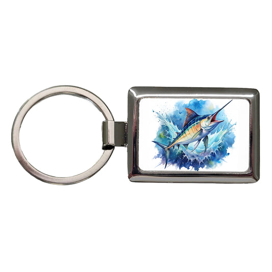Marlin Jumping In The Ocean Deep Sea Sport Fishing Watercolor Rectangle Metal Keychain
