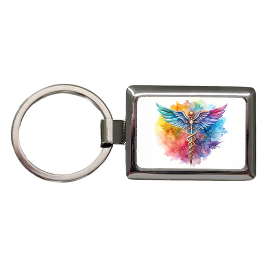 Medical Caduceus Doctor Nurse RN EMT Watercolor Rectangle Metal Keychain
