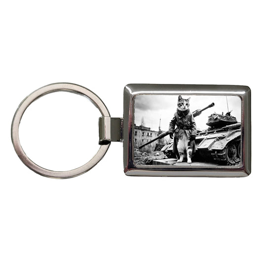 Military Resistance War Soldier Cat Retro Black And White Rectangle Metal Keychain