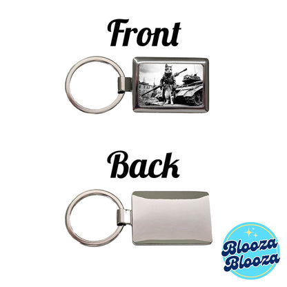 Military Resistance War Soldier Cat Retro Black And White Rectangle Metal Keychain