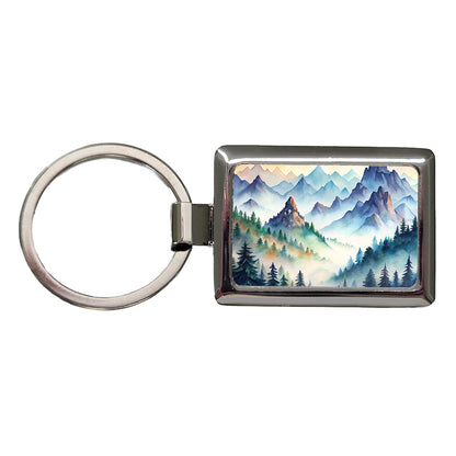 Mist Covered Mountains Misty Watercolor Rectangle Metal Keychain