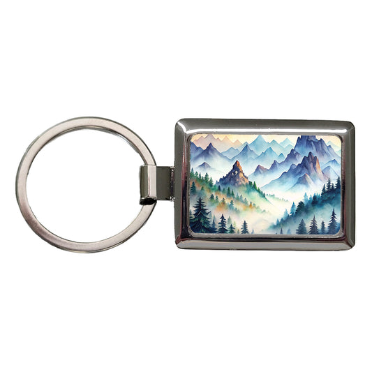 Mist Covered Mountains Misty Watercolor Rectangle Metal Keychain
