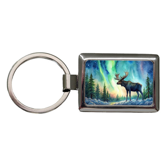 Moose And Northern Lights Watercolor Rectangle Metal Keychain