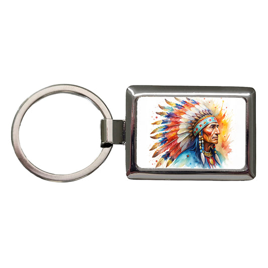 Native American Indian Chief Feather Headdress Watercolor Rectangle Metal Keychain