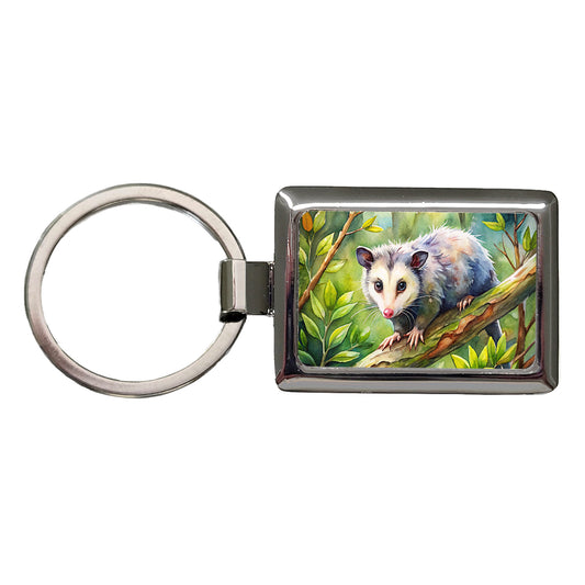 Opossum In The Forest Watercolor Rectangle Metal Keychain