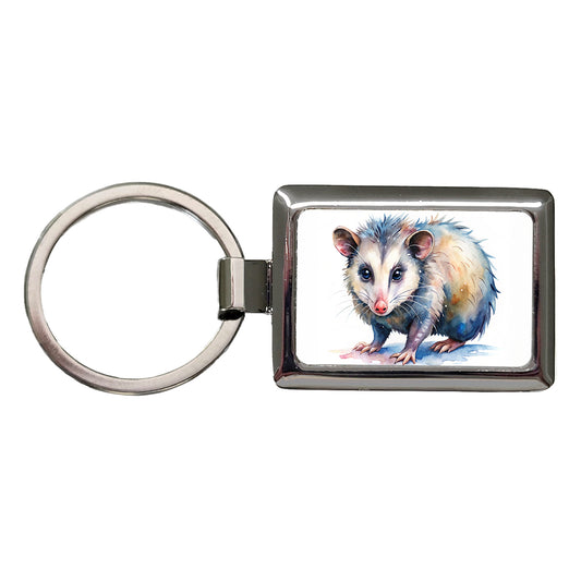 Opossum Watercolor Rectangle Metal Keychain