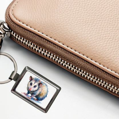 Opossum Watercolor Rectangle Metal Keychain