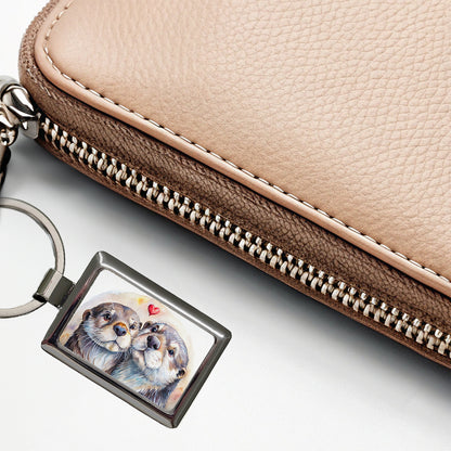 Otters In Love Heart Valentine's Day Rectangle Metal Keychain