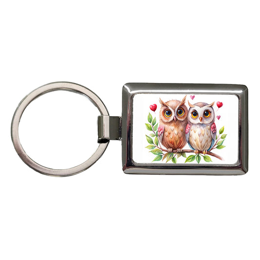 Owls In Love On Branch Hearts Valentine's Day Rectangle Metal Keychain