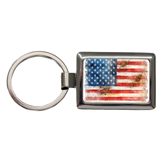 Patriotic Rustic Worn American Flag Watercolor Rectangle Metal Keychain