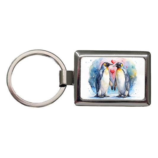 Penguins In Love Hearts Valentine's Day Rectangle Metal Keychain