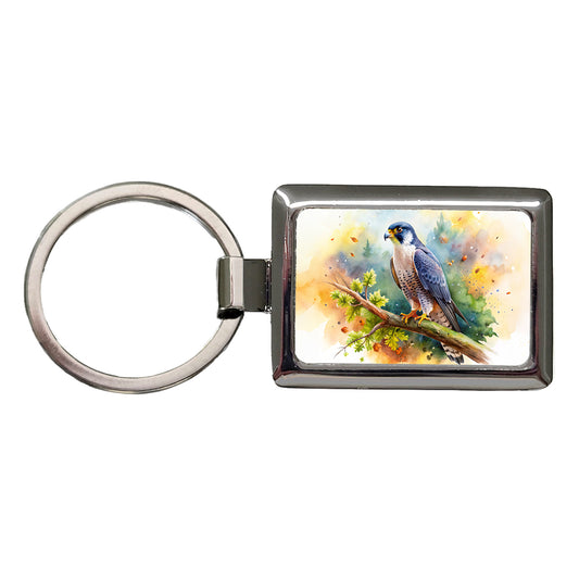 Peregrine Falcon Raptor Bird Of Prey In Tree Watercolor Rectangle Metal Keychain