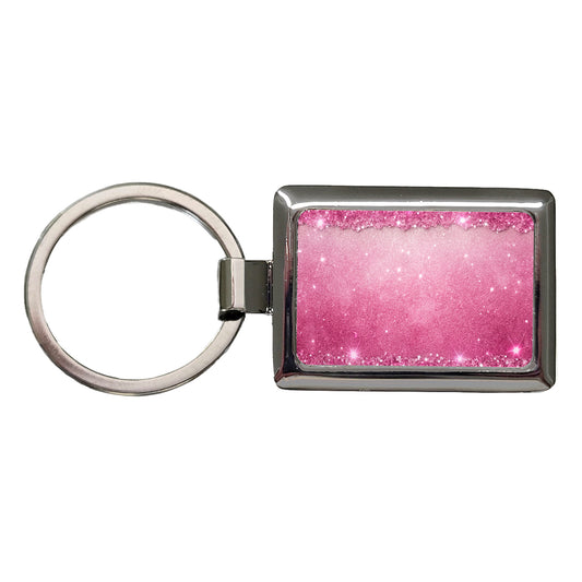 Pink Faux Glitter Rectangle Metal Keychain
