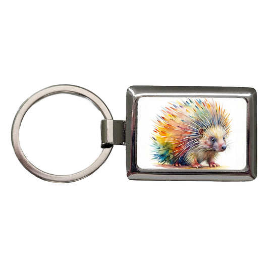 Porcupine Colorful Rainbow Watercolor Rectangle Metal Keychain
