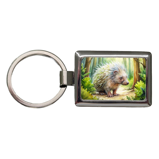 Porcupine In The Forest Watercolor Rectangle Metal Keychain
