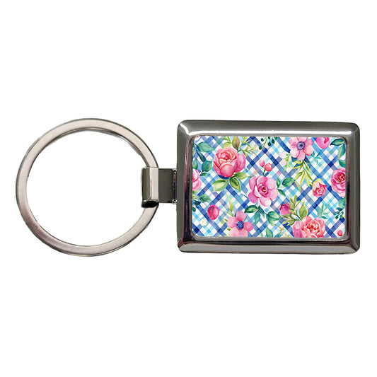 Preppy Pink Flowers Blue Gingham Plaid Rectangle Metal Keychain