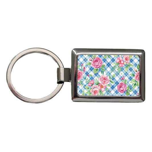 Pretty Pink Flowers Floral Blue Wallpaper Rectangle Metal Keychain