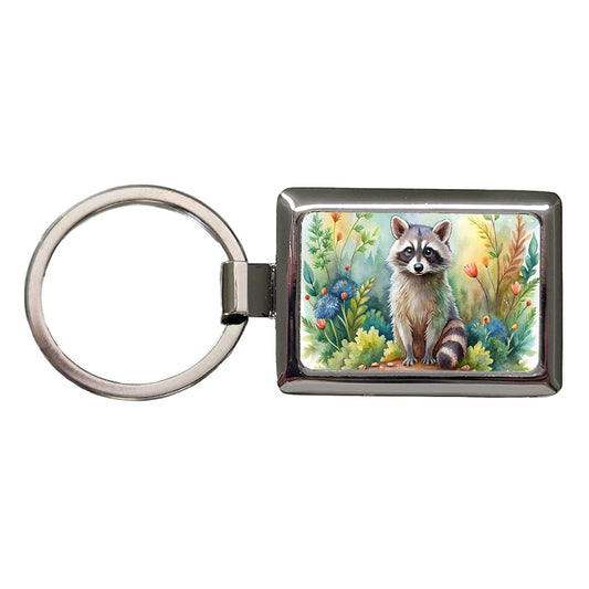 Raccoon In The Forest Watercolor Rectangle Metal Keychain
