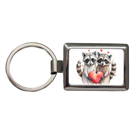Raccoons In Love With Hearts Valentine's Day Rectangle Metal Keychain