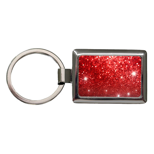Red Faux Glitter Rectangle Metal Keychain