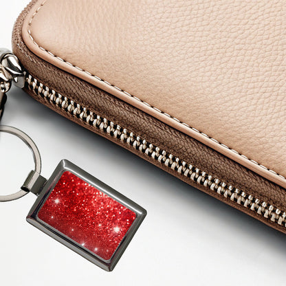 Red Faux Glitter Rectangle Metal Keychain