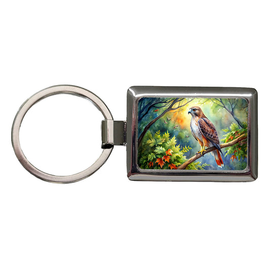 Red-tailed Hawk Raptor Bird Of Prey In Tree Watercolor Rectangle Metal Keychain