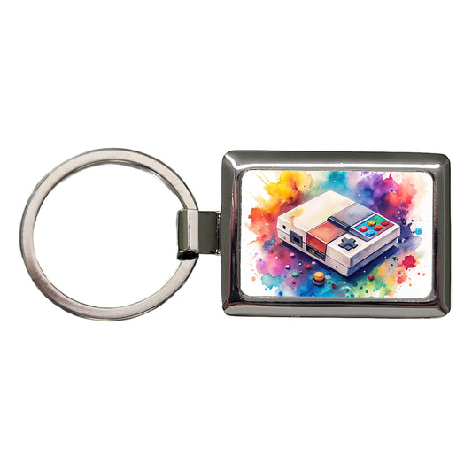 Retro Arcade Console System Watercolor Rectangle Metal Keychain