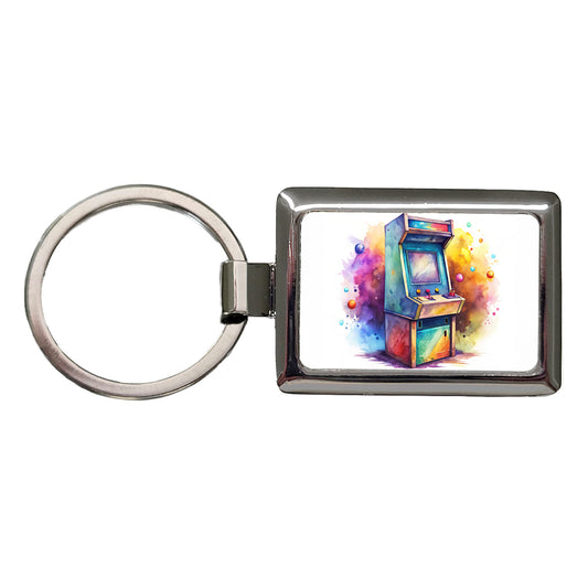 Retro Stand-up Arcade System Watercolor Rectangle Metal Keychain