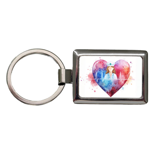 RN Nurse Life Pulse Heart Beat Watercolor Rectangle Metal Keychain