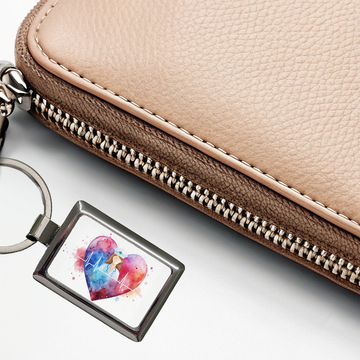 RN Nurse Life Pulse Heart Beat Watercolor Rectangle Metal Keychain