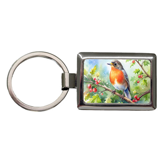 Robin In Tree Bird Watercolor Rectangle Metal Keychain