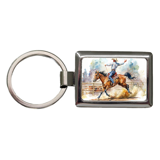 Rodeo Cowboy Horse Country Rectangle Metal Keychain