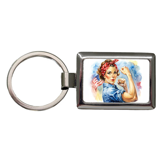 Rosie The Riveter Patriotic Watercolor Rectangle Metal Keychain