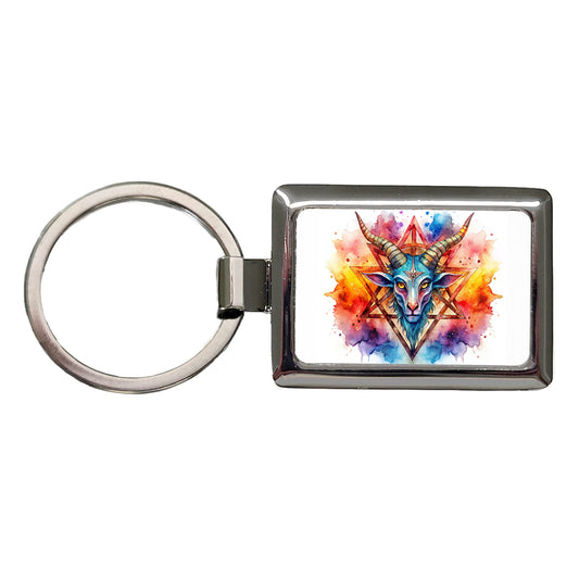 Satanic Pagan Goat Horns Pentagram Symbol Watercolor Rectangle Metal Keychain