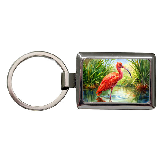 Scarlet Ibis In Marsh Bird Watercolor Rectangle Metal Keychain