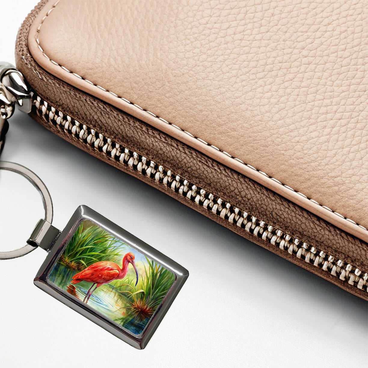 Scarlet Ibis In Marsh Bird Watercolor Rectangle Metal Keychain