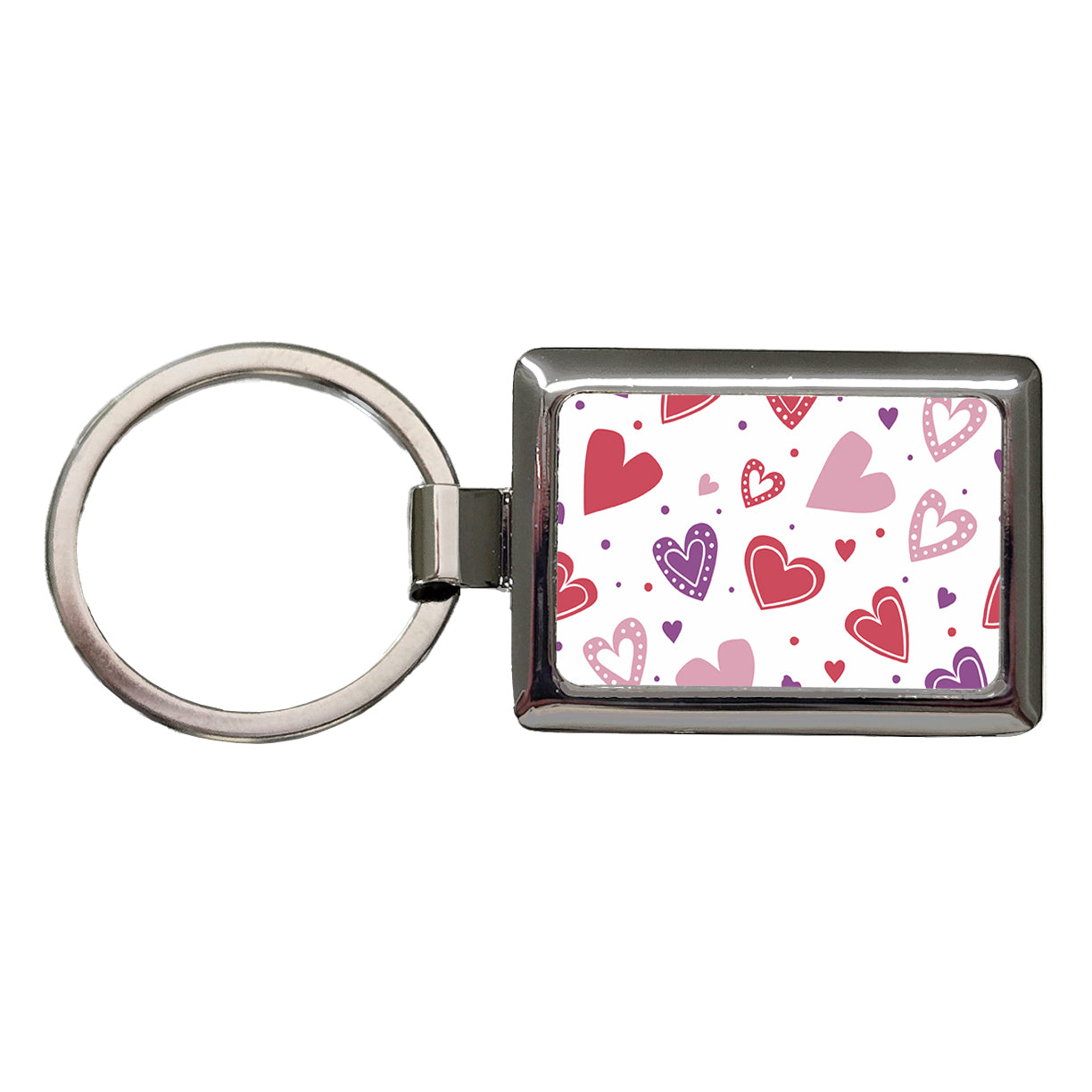 Scattered Hearts Bright Red Pink Purple Love Rectangle Metal Keychain